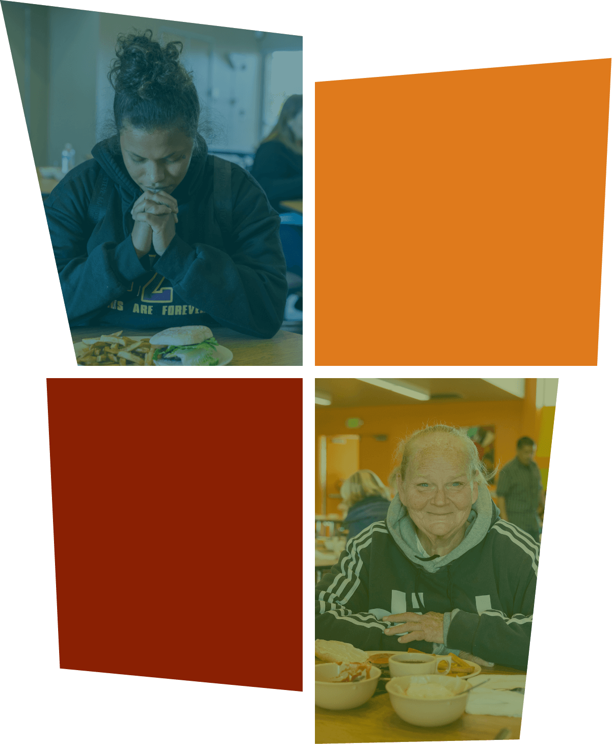 Collage-style layout with four tilted panels — two photos showing people eating and two solid color blocks in orange and dark red on a transparent background.
