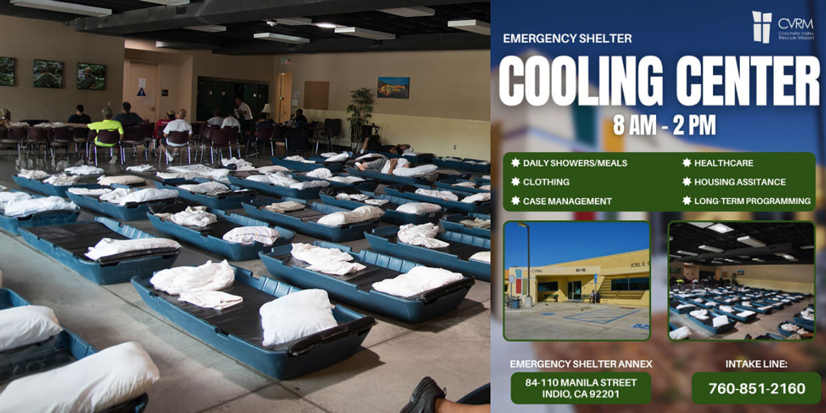 A split image showing rows of cots with white linens set up inside a shelter hall on the left, alongside a Coachella Valley Rescue Mission Emergency Shelter Cooling Center flyer on the right listing services, hours, and the address at 84-110 Manila Street in Indio, CA.